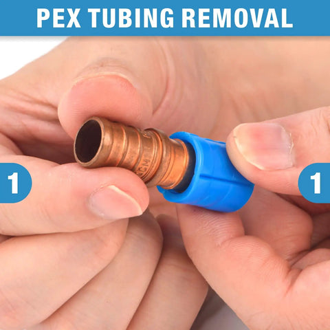 Pex Crimp Fitting Removal Tool for removing copper crimp rings, showing hand-held tool detaching copper fitting.