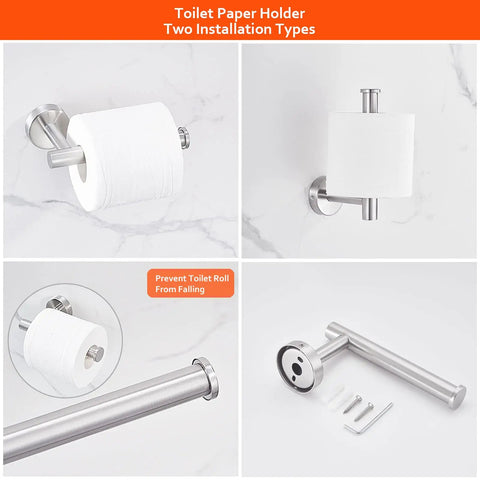 Toilet paper holder options in Four-Piece Brushed Nickel Bathroom Hardware Set With 16-Inch Hand Towel Bar Toilet Paper Holder And Two No-Drill Adhesive Towel Hooks Stainless Steel Bath Accessories Kit For A Sleek Modern Look