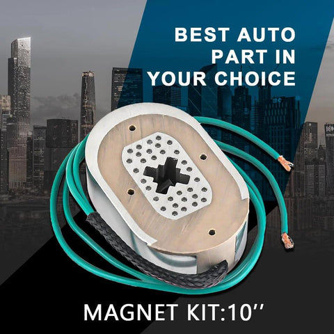 Trailer brake magnet kit, 10-inch electric brake assembly with metal mounting plate and green wiring, front view