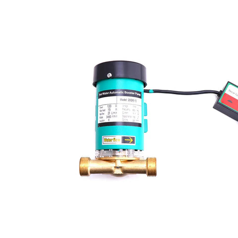 Beefed Up 120W Water High Pressure Booster Pump With 1 Inch Outlet on white background. Front view showing labels and components.