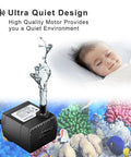 Ultra Quiet Mini Submersible Water Pump 95 GPH 5W shown with aquarium and sleeping baby, emphasizing quiet operation.