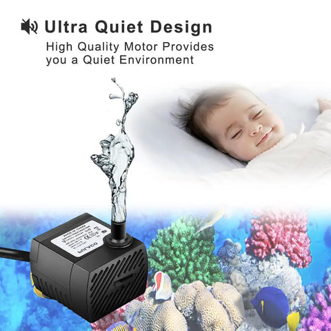 Ultra Quiet Mini Submersible Water Pump 95 GPH 5W shown with aquarium and sleeping baby, emphasizing quiet operation.