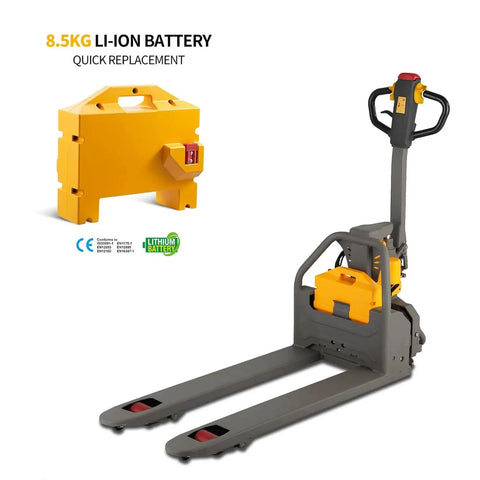 Apollo Lift Full Electric Lithium Pallet Jack, 3300 Lbs Capacity, 48V Brushless Motor with yellow battery and long forks.