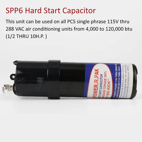 SPP6 hard start capacitor for AC units, compatible with HVAC compressors, boosts 500% starting torque