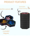Hexagonal Magnetic Board Game Tray Organizer Set With Flexible Layouts 7 Pack shown stacked and spread with colorful tokens