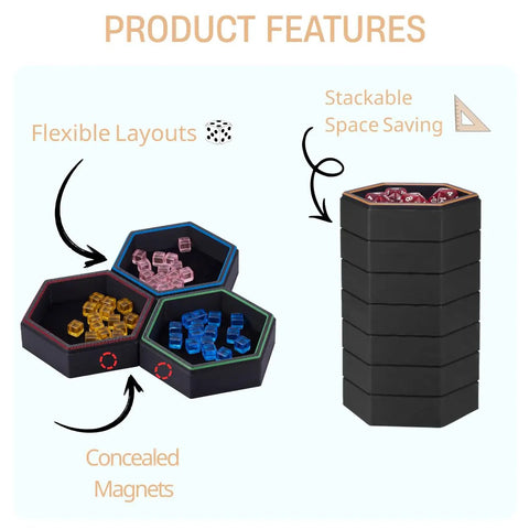 Hexagonal Magnetic Board Game Tray Organizer Set With Flexible Layouts 7 Pack shown stacked and spread with colorful tokens