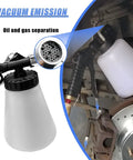 1L Pneumatic Brake Fluid Bleeder Kit With Vacuum System in use for car brake maintenance, durable white plastic frame visible