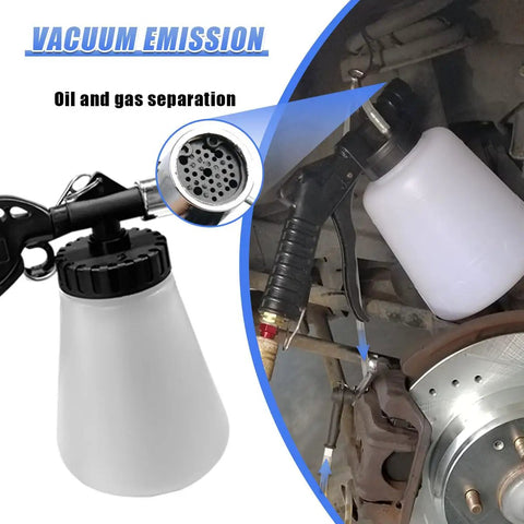 1L Pneumatic Brake Fluid Bleeder Kit With Vacuum System in use for car brake maintenance, durable white plastic frame visible