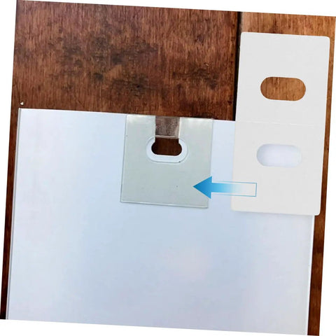 Vertical Blind Repair Tabs Pack Of 50 For Easy Replacement Fixers with white tab and installation demonstration on a blind.