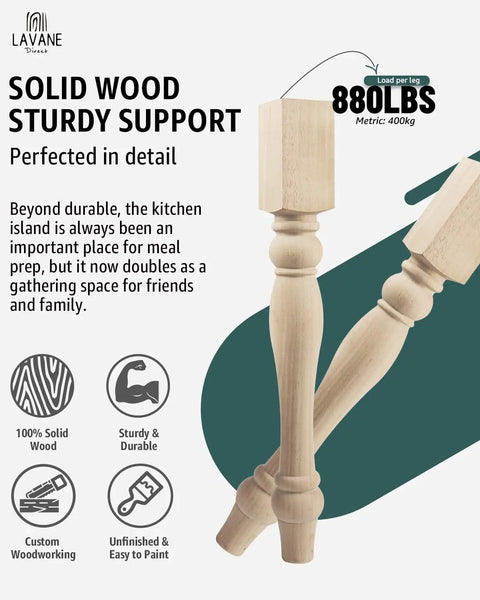 Chunky Farmhouse Wood Table Legs Set Of 4 Three Point Five Inch Square Unfinished Turned Solid Wood Replacement Legs with sturdy support design