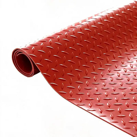 Heavy Duty Insulating Rubber Electrical Safety Mat Built Like A Tank For Real Deal High Voltage Protection And Slip Resistant Flooring That Keeps Every Tradesman Locked In All Day, red diamond-patterned roll.