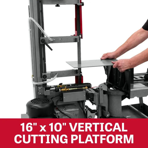 10 Inch Portable Dual Mitering Bandsaw With Coolant System, Hydraulic Downfeed, Automatic Shutoff, Self Propelled Blade Brush, Protractor Angle Cutting, 115/230V One Phase, Heavy Duty Metalworking Workhorse