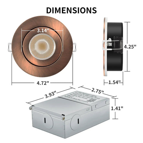 4 Inch LED Gimbal Recessed Light Kit 6 Pack Dimmable Eyeball Soffit Lights With Junction Box dimensions diagram