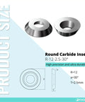 Pro-Grade 12mm round carbide inserts showing dimensions, 30-degree cutting angle, durable tungsten for woodturning lathe.