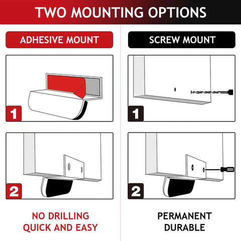 Installation options for 1 Pack Under Cabinet Foot Pull Opener 4 Inch Matte Black Hands Free Toe Pull with adhesive and screws shown.