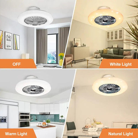 Image showing Remote LED Ceiling Fan With Light Kit 40W Dimmable in 3 color settings: off, white light, warm light, natural light.