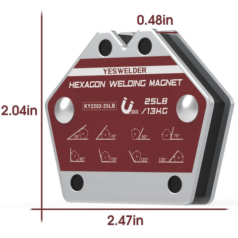 Hexagon Welding Magnets Set With 25 Lb Holding Power Each, 4 Pack Magnetic Welding Holders showing dimensions and angles.