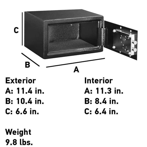 Product dimensions of Compact Home Safe With Key Lock For Cash And Jewelry Storage In Dorms Or Offices Protect Your Passports And Important Papers In 0.35 Cubic Feet Of Secure Personal Safe For Your Pad shown in image with open door.