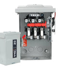 Legit Heavy Duty 3 Pole 30 Amp 240 Volt 3 Wire Ac Disconnect Switch Box with interior components visible, including fuses and lever.