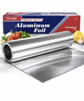 Heavy Duty Aluminum Foil Roll 18 Inch By 500 Feet For Cooking And Grilling Catering And Restaurant Use Extra Thick Commercial Grade Tin Foil Resists Tears And Leaks Multipurpose Food Service Foil rolled out with packaging.