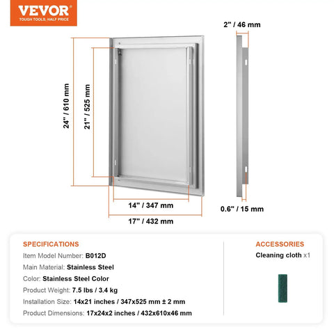 Stainless Steel BBQ Access Door For Outdoor Kitchen 17x24 Inch Flush Mount Wall Panel With Recessed Handle, side view diagram
