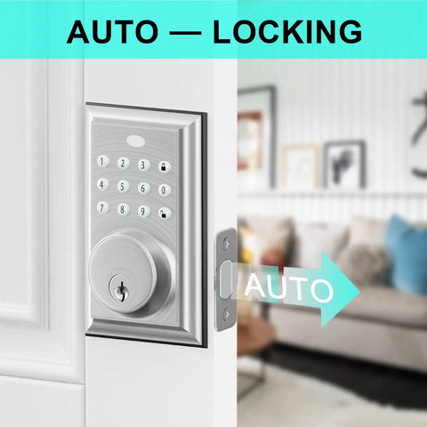 Keypad Deadbolt Entry Set With Handle In Satin Nickel, Keyless Entry For Up To 50 Codes, Auto Lock, Easy Installation