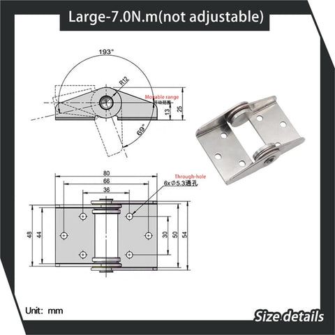 304 stainless steel torque-damping cabinet hinge, large 7.0 N·m, non-adjustable, 1 pc