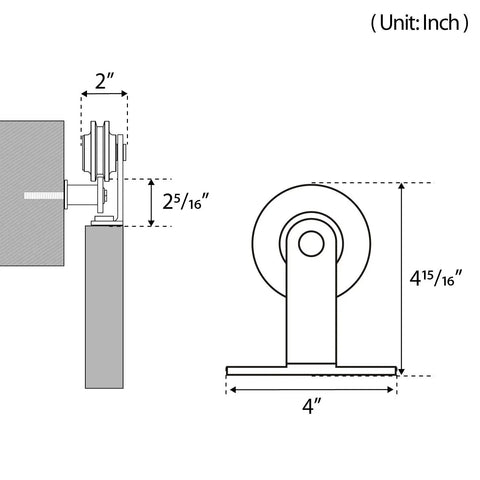 Technical drawing of 5 Ft Top Mount Sliding Barn Door Hardware Kit For 26 To 30 Inch Doors showing dimensions in inches