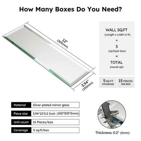 Diagram showing Peel And Stick Beveled Mirror Subway Tiles Silver 4x12 Inch, 3.94x12 inches size, 5mm thickness, 15 pieces per box.