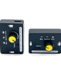 Two CCPM servo tester units with yellow dial for RC airplanes; blue cases shown from front and side.