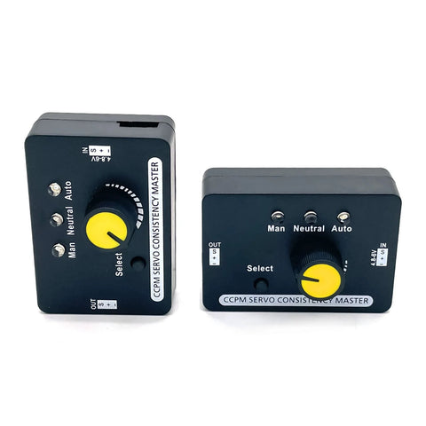 Two CCPM servo tester units with yellow dial for RC airplanes; blue cases shown from front and side.