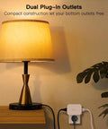 Dimmable Smart Plug 2 Pack With Sunrise And Sunset Simulation shown connected to lamp on wooden table near plant