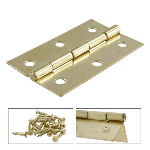 Heavy Duty 12 Pack 2.5 Inch Gold Door Hinges Vintage Cabinet Hardware Includes Extra Screws close-up of hinge with screws.