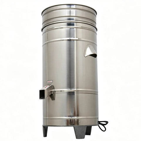 Heavy Duty Stainless Steel Commercial Salad Spinner With Adjustable Speed Knockout Workhorse Vegetable Dryer And Water Extractor Built Tough For Restaurant Kitchens 220V, side view with drain spout.