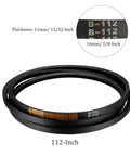 112 Inch Pitch Wrapped B Section Rubber V Belt For Industrial Power Drive And Transmission Use, Five Eighths Inch Wide By Thirteen Thirty Seconds Inch Thick, Oil And Heat Resistant Drive Belt Built For Heavy Duty Machinery, shown coiled with size details