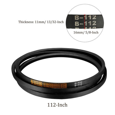 112 Inch Pitch Wrapped B Section Rubber V Belt For Industrial Power Drive And Transmission Use, Five Eighths Inch Wide By Thirteen Thirty Seconds Inch Thick, Oil And Heat Resistant Drive Belt Built For Heavy Duty Machinery, shown coiled with size details