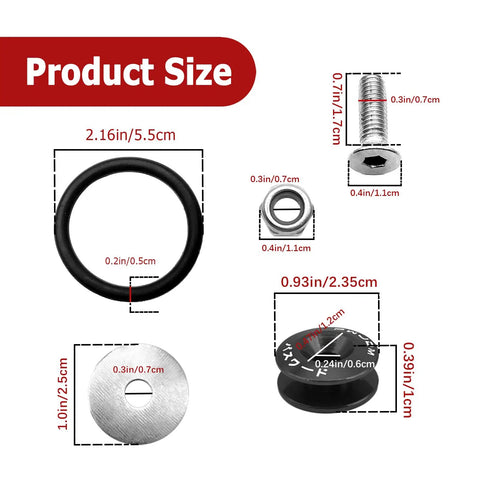 Detailed view of Billet Quick Release Bumper Trunk Fastener Kit components showing size measurements and materials.