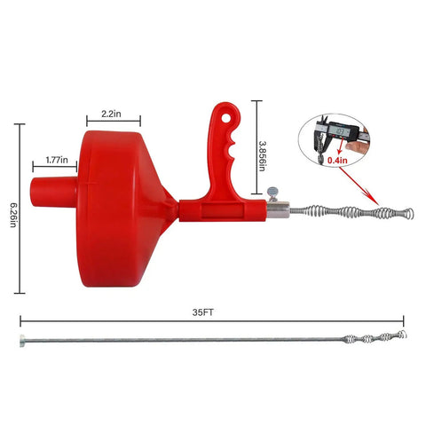 35 Ft Drain Cleaner Drum Auger Clog Remover with plastic drum and steel cable; side view with dimensions.