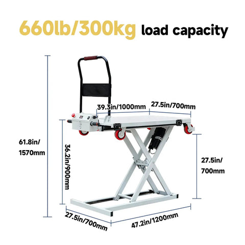 Heavy Duty Battery Powered Hydraulic Lift Table With Slide Rails For Trucks And Garages Offers 1100 Lb Capacity dimensions with 660lb load capacity.