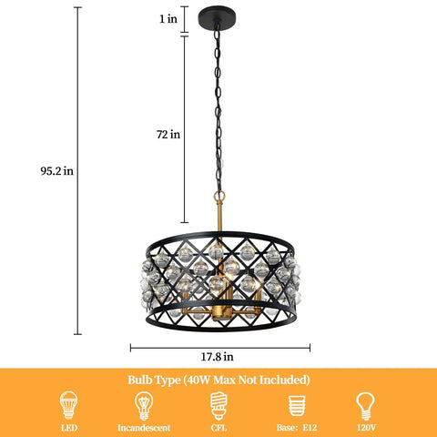 Matte black crystal chandelier with gold accents, dimensions 17.8" diameter and 72" adjustable chain, Pro Grade 28 Piece Universal Radiator Pressure Tester Kit With Vacuum Type Cooling System Tool Set Purge And Refill Carrying Case For Cars Trucks And SUVs.