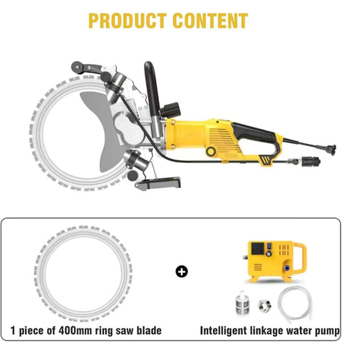 Professional Grade Job Site Ready 5000 Watt Electric Ring Saw featuring 400mm blade and water pump for masonry projects.