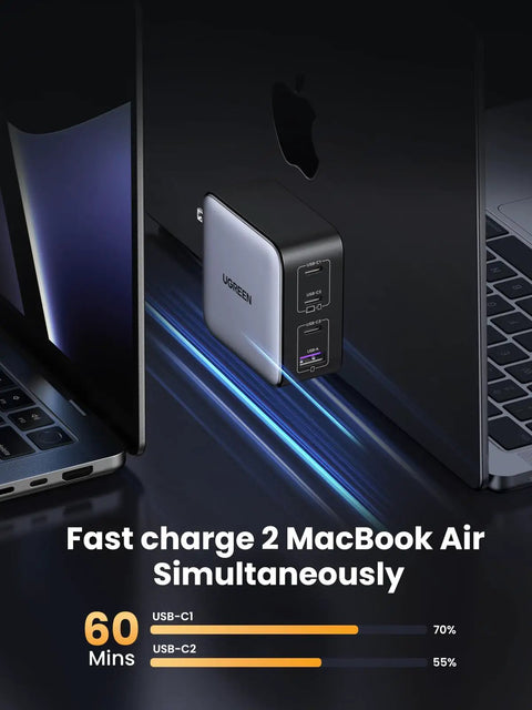 GaN 100W USB C Charger With Four Ports, Ultra Compact Foldable Power Adapter For Laptops and Phones On the Go, Fast 100W Charging For MacBook Pro and Air, iPad Pro, iPhone 17 16 15 Series, Galaxy S25 S24, Pixel 10 9, Steam Deck, Pixelbook. Compact 4-port charger mounted beside MacBook Air