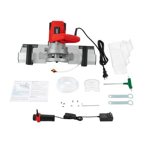 Heavy Duty 43 Degree Electric Tile Chamfering Tool 1200W Pro Grade Bevel Cutter components on work surface with accessories.