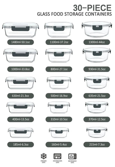 Set of 15 glass food storage containers with snap lock lids, various sizes, part of Must Have Thirty Piece Glass Food Storage Container Set