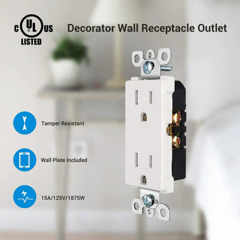 10 Pack Decorator Receptacle Outlet 15 Amp 125 Volt Tamper Resistant TR With Wall Plates Included UL Listed White Standard Wall