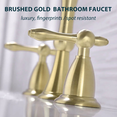 8 Inch Widespread Brushed Gold Bathroom Faucet With Overflow Pop Up Drain Assembly And 3 Hole Mount Solid Brass Vanity Sink Tap Complete With cUPC Water Supply Lines For Dope Luxury Look showing detailed handles.
