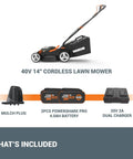 14 Inch Cordless Lawn Mower 2 In 1 Electric Push Mower With Quiet Operation Compact And Lightweight Design 6 Position Height Adjustment For Small Yards Includes 2 Batteries And Charger WG779, showing mower with included batteries and charger.