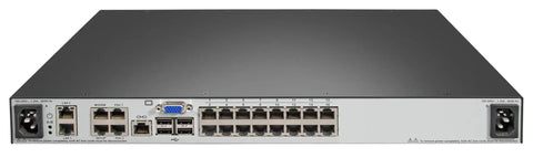 Built Tough 16 Port KVM Over IP Switch With Dual AC Power And TAA Compliance ports and connections on a rear view chassis.