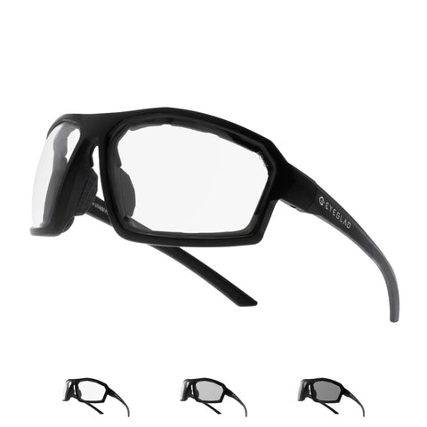 Badass Z87 Rated Photochromic Motorcycle Safety Glasses With Shatterproof Lens And Matte Black Shell, side view.