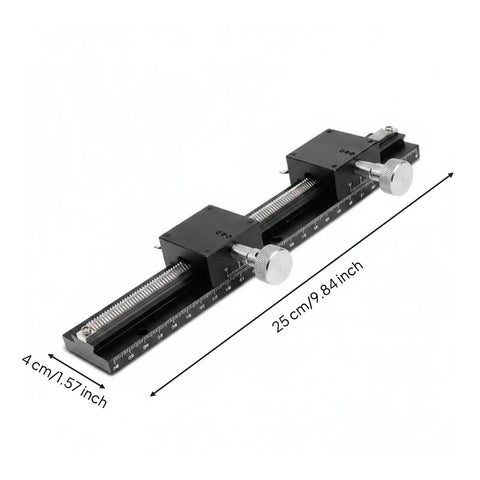 Pro Grade Linear Motion Dovetail Rail Stage Slide For Precise Alignment, 40x40 Table, 250mm Length, 25mm Travel, Dual 100mm Guides, 3kg Load, 0.06mm Parallelism, 210mm Stroke, Anodized Aluminum Body For Lightweight Rigidity, 25 cm stage slide